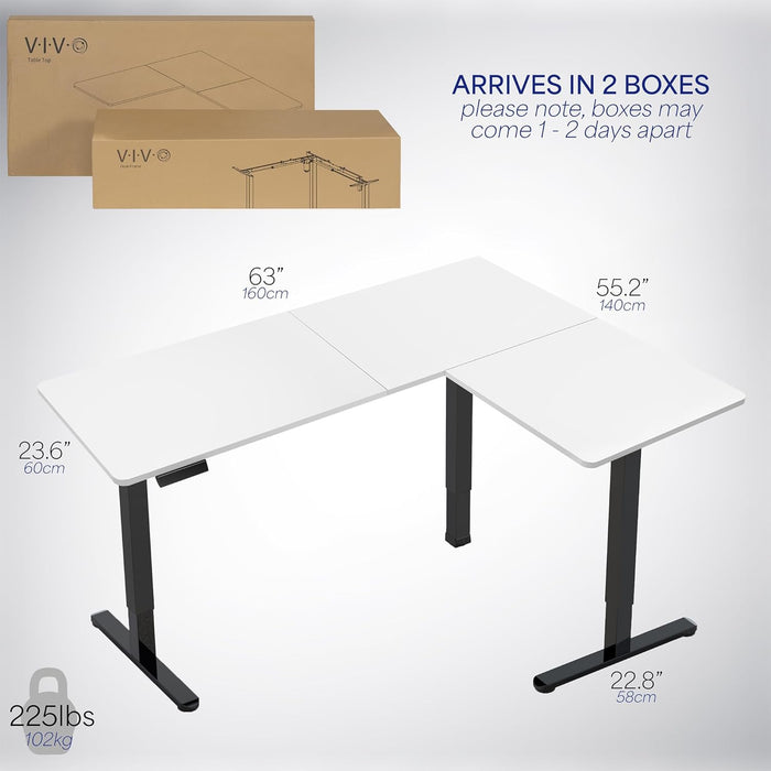 Corner Standing Desk, 63 X 55 Inch Reversible L-Shaped Workstation, Electric Height Adjustment, Home, Office, and Reception Rooms, White Table Top Black Frame, DESK-E3CTBW