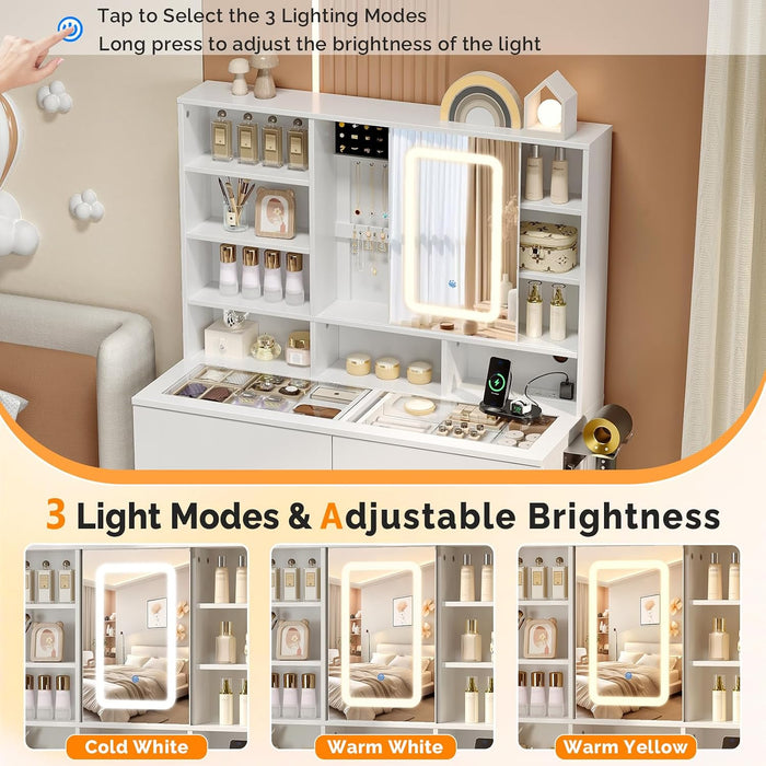 Vanity Desk with Sliding Mirror and Lights, Glass Top Makeup Vanity Table W/Shelves & Hidden Jewelry Storage & Power Outlets & Hairdryer Holder,54In White Dressing Table Gifts Girls
