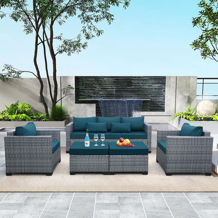 5-Piece Patio Furniture Set, Outdoor Conversation Set with PE Wicker Couch, Chairs, and Ottomans, All-Weather Grey Rattan with Anti-Slip Cushions for Backyard, Balcony, and Deck, Peacock Blue