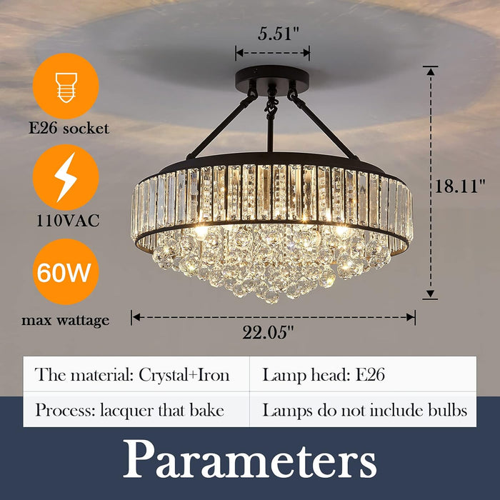 6-Light Modern Large Crystal Chandelier Black Metal E26 Semi Flush Mount round Light Fixture Ceiling Lamp Farmhouse for Dining Living Room Laundry Foyer Kitchen Balcony Bedroom