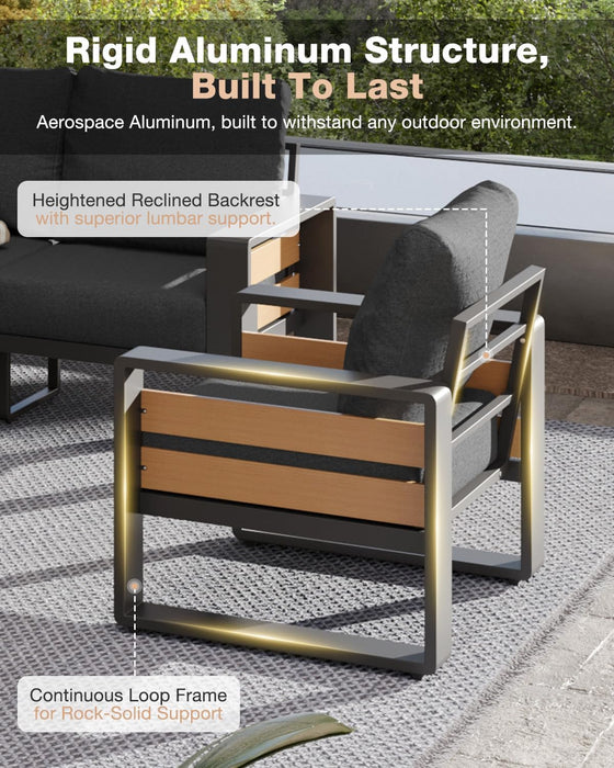 Aluminum Patio Furniture Set, 5 Piece Luxury Outdoor Sectional with 6" Olefin Fabric Cushions, Patio Conversation Sets with Coffee Table & Oversized Seats for Backyard, Porch Dark Grey