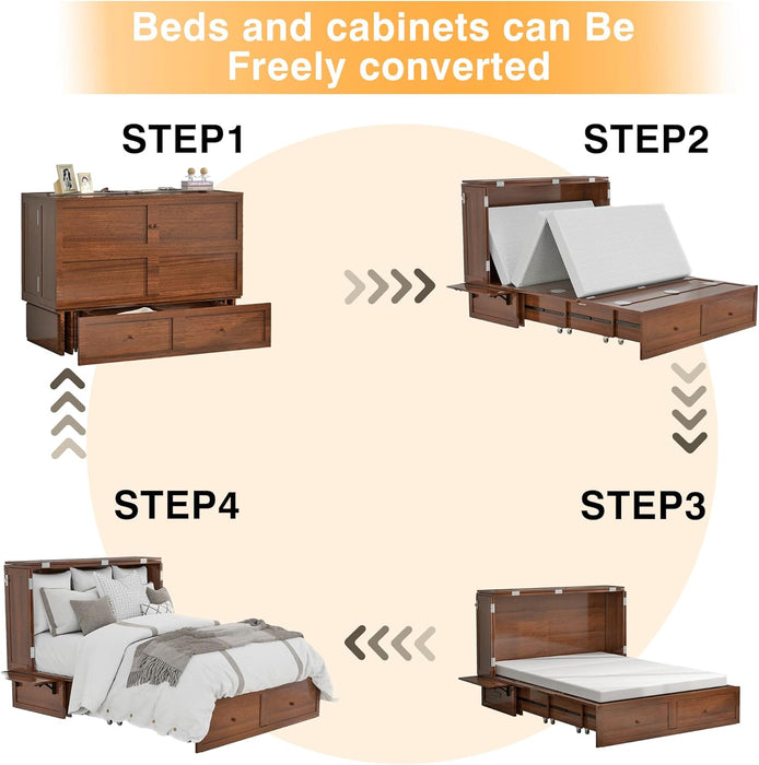 Solid Wood Murphy Bed Cabinet：Queen Size Murphy Bed with USB Charging Station and Large Storage Drawer for Home，Optimize Sleeping Space（Mattress Not Included） Teak-1