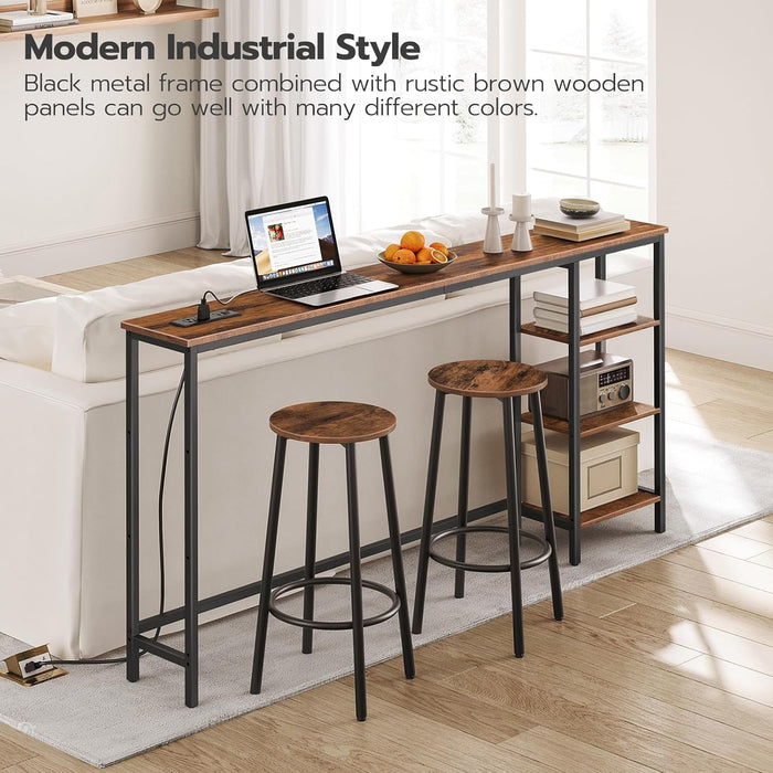 Console Table with Power Outlet, 63" behind Sofa Table with Shelves, Narrow Entryway Table with Storage, Couch Table for Living Room, Hallway, Rustic Brown and Black BF164UXG01