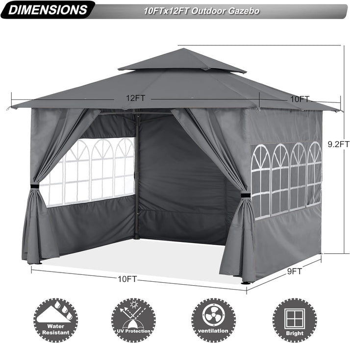 10X12 Outdoor Gazebo - Patio Screened Gazebo with Curtains and Windows for Deck, Lawn and Backyard (Dark Gray)