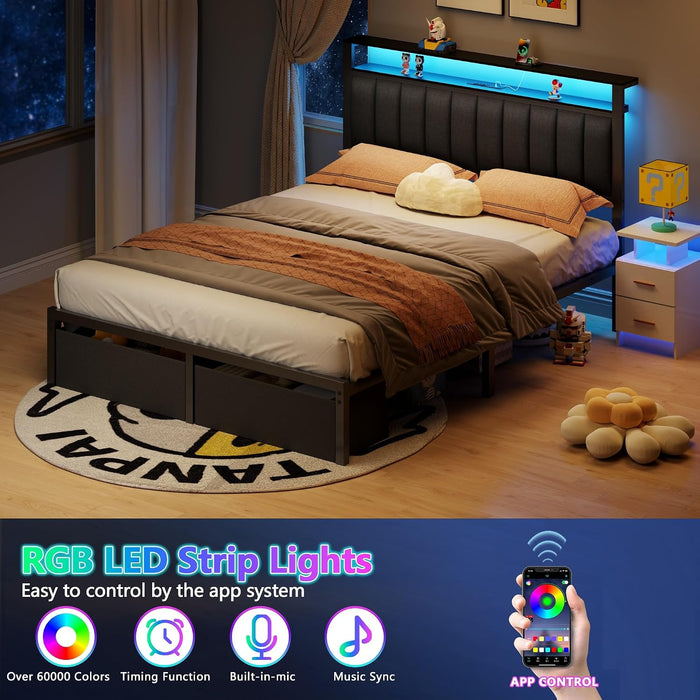Queen Bed Frame with Storage Drawers and Upholstered Headboard