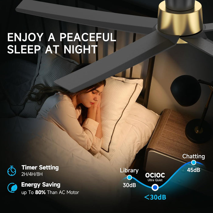 52 Inch Ceiling Fans with Lights, Large Air Volume Ceiling Fans with Reversible Quiet DC Motor and Remote（Black-Gold）