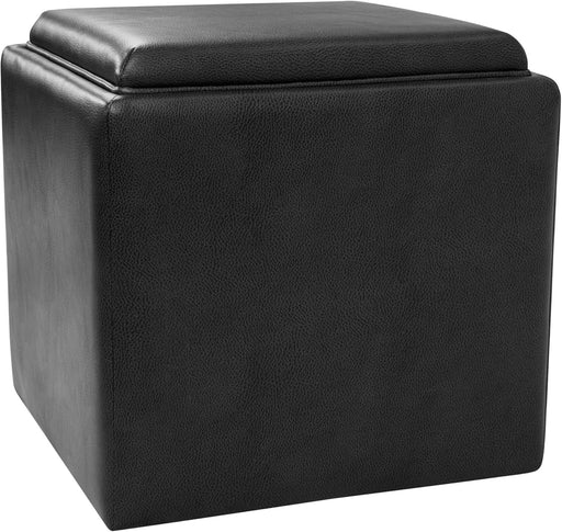 Home Decor Storage Ottoman with Tray Top|Upholstered Modern Square Storage Ottoman with Storage for Living Room & Bedroom, Black Faux Leather
