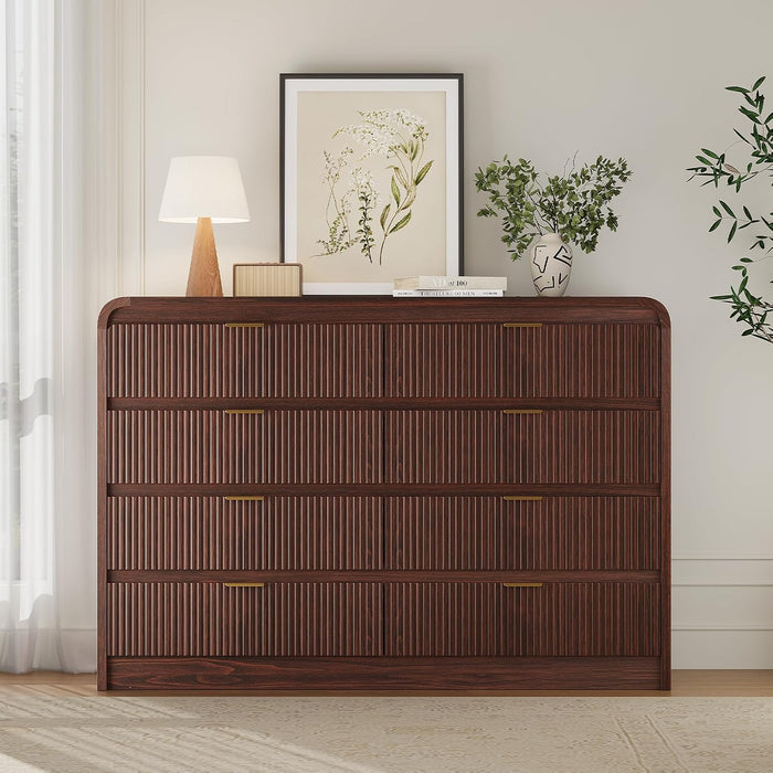 Fluted 8 Drawers Dresser for Bedroom, 55" Wide Wooden Dresser with Metal Handle, Curved Profile Design, Modern Storage Organizer for Bedroom, Living Room, Hallway, Dark Walnut