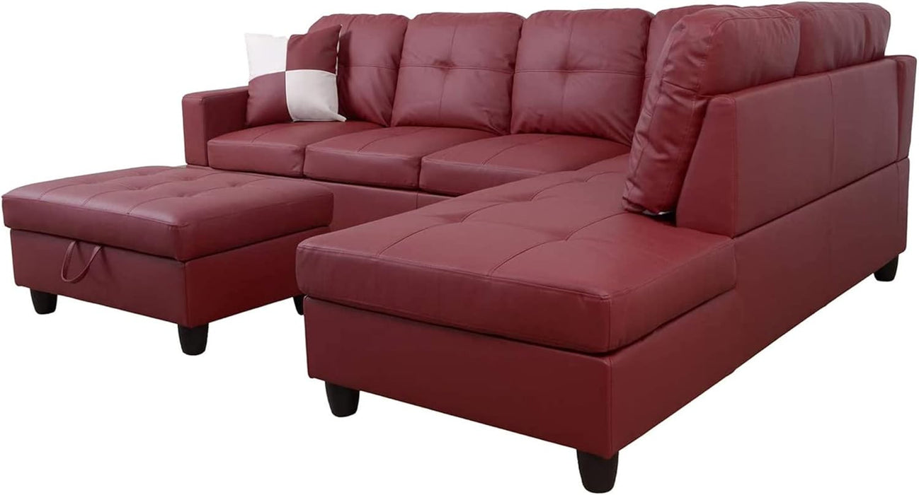 Sectional Sofa Faux Leather Modern L Shaped Couch Set 103.5”Wide Including Chaise and 3 Seating Sofa with Storage Ottoman for Living Room Furniture (Right Hand Facing, B-Red)