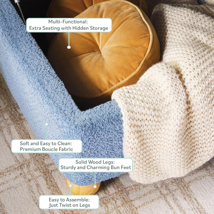 Linley Contemporary Large Storage Bouclé Ottoman with Wood Legs, Soft Blue