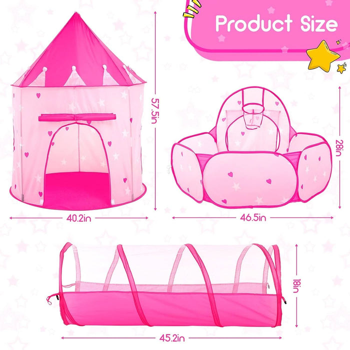 3Pc Kids Play Tent for Girls with Ball Pit, Crawl Tunnel, Princess Tents for Toddlers, Baby Space World Playhouse Toys, Boys Indoor& Outdoor Play House, Perfect Kid’S Gifts