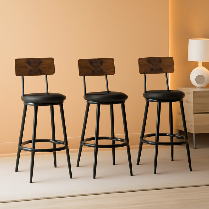 Bar Stools, Bar Stools Set of 3 with PU Upholstered, Bar Chairs with Footrest and Back, 26" Barstools for Kitchen Sland, Dining Room, Easy to Assemble, Rustic Brown and Black BF31BYP301G2