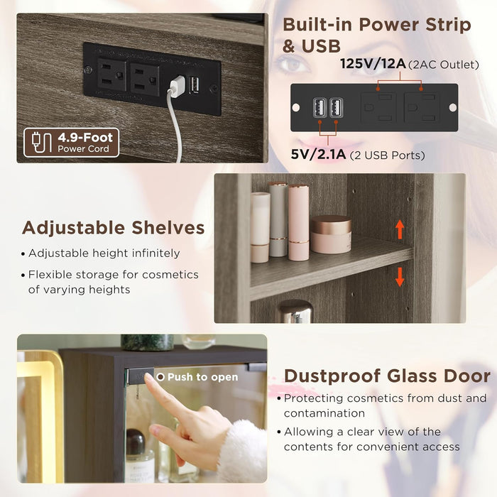 48" Fluted Makeup Vanity Desk with Large 36" Mirror and Lights, Modern Glass Top Big Vanity Table W/5 Drawers & Adjustable Shelves, Dressing Table W/Charging Station for Bedroom, Grey Alder