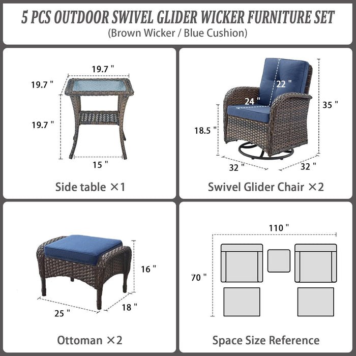 Small Conversation Sets Patio Funiture - 5 Piece Outdoor Swivel Rocker Wicker Furniture Sets with Ottomans Side Table Perfect for Patio Deck Backyard, Brown Wicker Blue Cushion