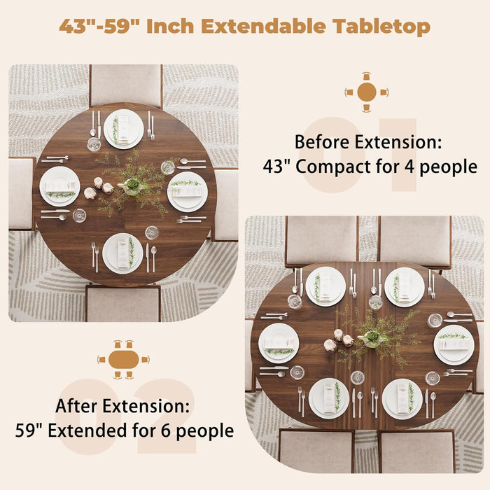 59-Inch Extendable Dining Table, Kitchen Table for 4-6 People | Farmhouse Wood Space-Saving Expandable Dinner Table, round to Oval Pedestal Dining Table, Dark Brown Walnut
