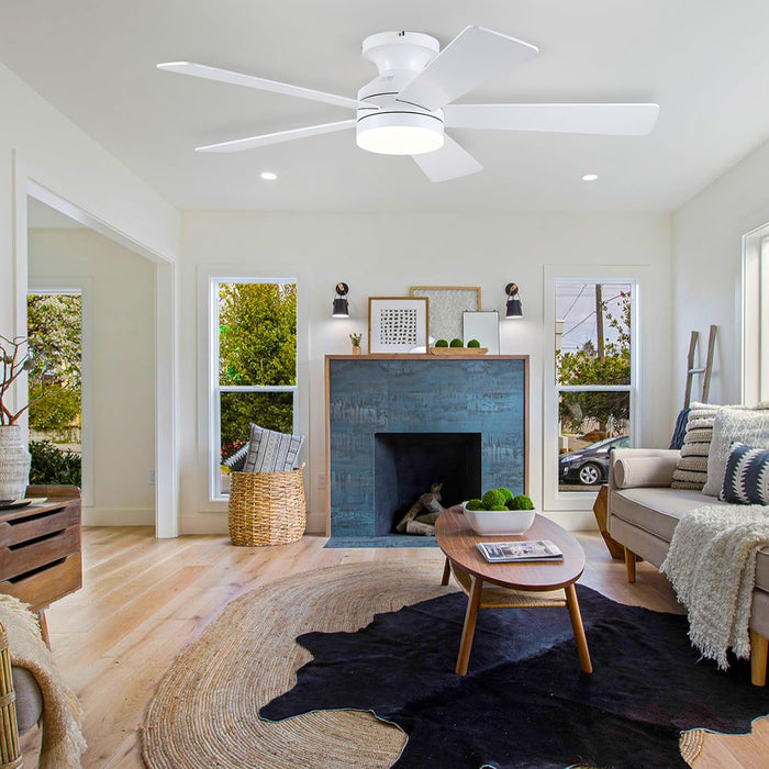 White Ceiling Fans with Lights - 46" Flush Mount Low Profile Ceiling Fan Light with 5 Double-Sided Blades, 6 Speeds 3CCT Reversible Motor, Modern Ceiling Fan for Indoor/Outdoor Patios