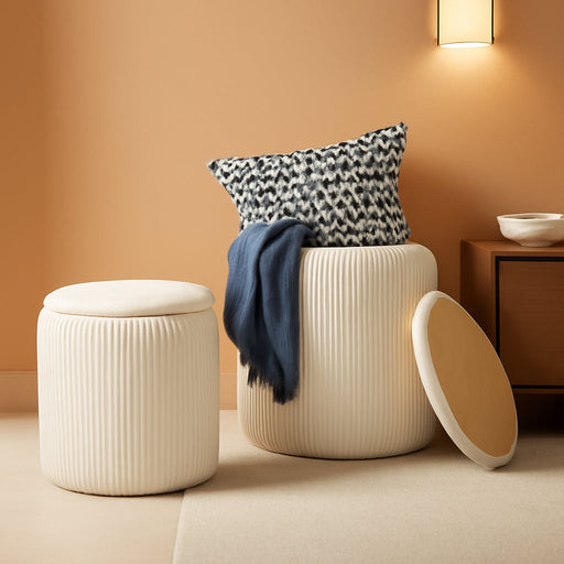 Round Ottoman with Storage Set of 2, White Vanity Stool, Upholstered Velvet Storage Ottomans, Makeup Chair Seat for Bedroom, Small Pouf Footstool for Living Room