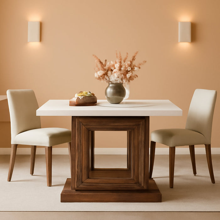 47-Inch Farmhouse Dining Table for 4, White Kitchen Dinner Table with Heavy Duty Pedestal, Rustic Wooden Eating Table for Home, Dining Room, Small Space, White & Brown