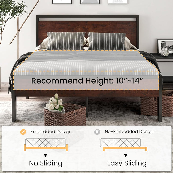 14 Inch King Size Metal Platform Bed Frame with Wooden Headboard and Footboard, Mattress Foundation, No Box Spring Needed, Large under Bed Storage, Mahogany