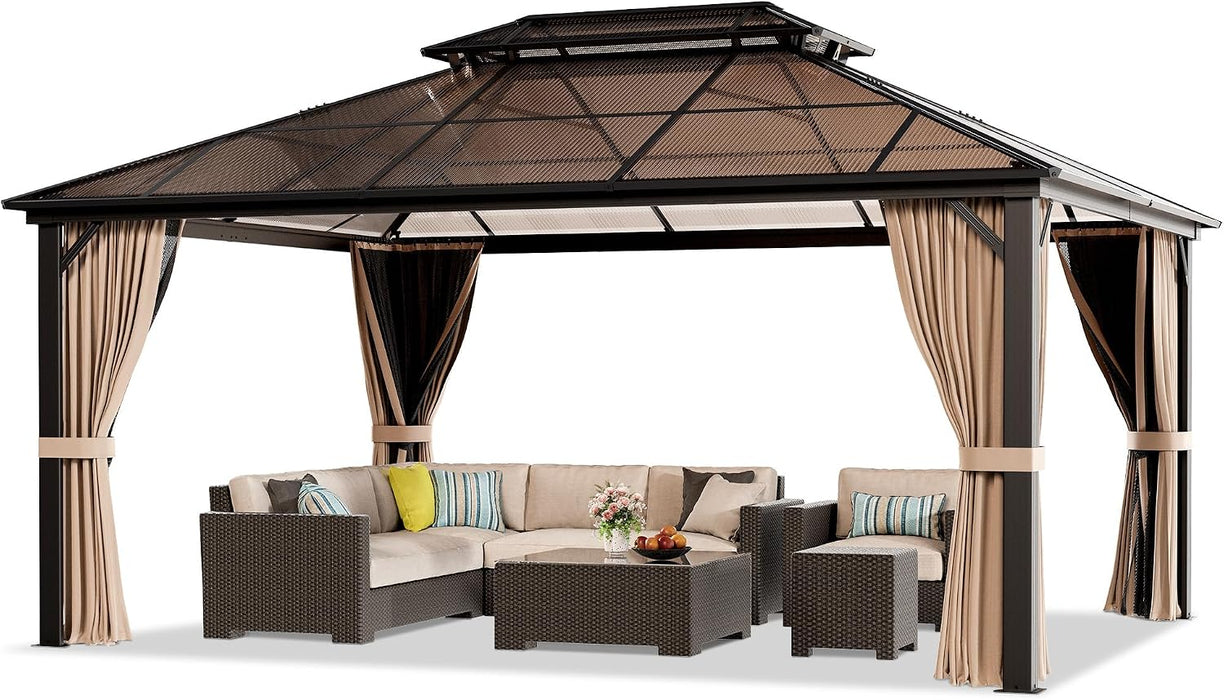 12x16 Brown Gazebo Polycarbonate Roof Aluminum Frame