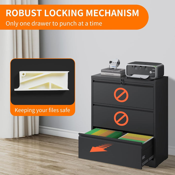 3 Drawer Lateral File Cabinet with Lock,Black Home Office Cabinet