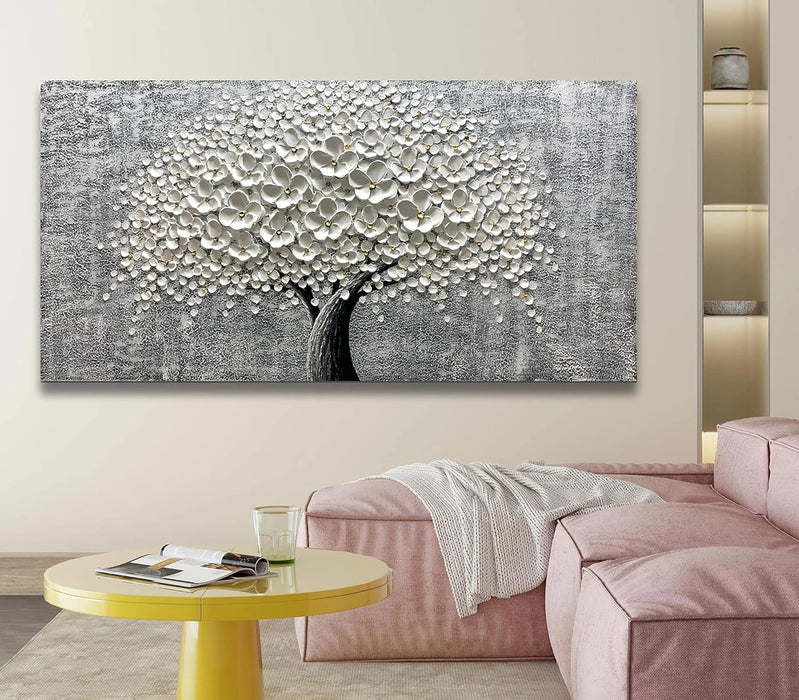 - 24X48 Inch 3D White Flower Painting Abstract Textured Knife Platte Acrylic on Canvas 3D Flowers Tree Painting Ready to Hang