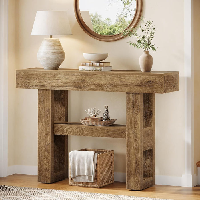 41.34-Inch Farmhouse Console Table, 2-Tier Narrow Sofa Table behind the Couch, Entryway Furniture with Storage Shelves for Hallway Foyer Living Room, Light Brown