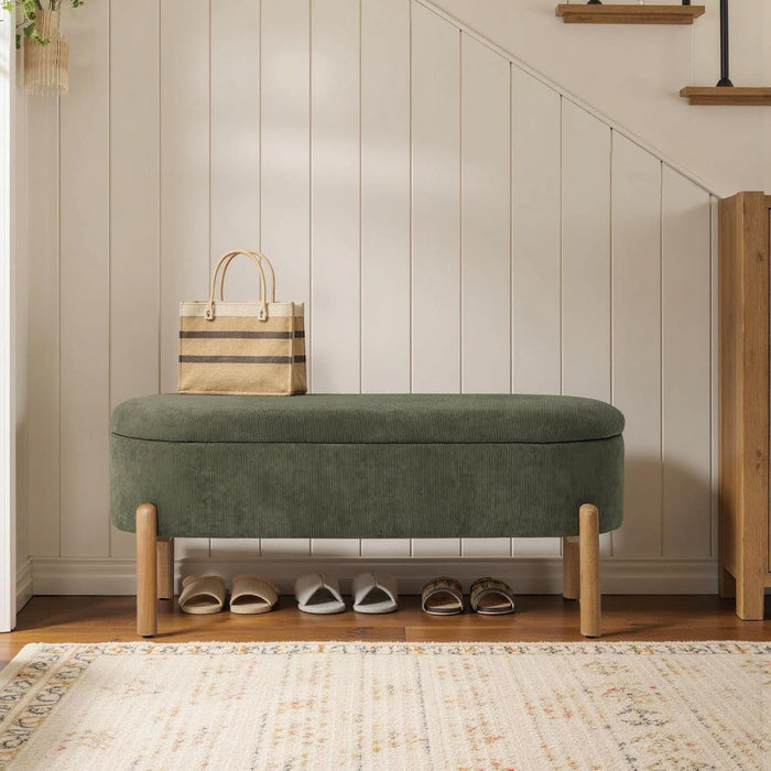 Storage Bench Ottoman, Upholstered Corduroy Storage Bench for Bedroom End of Bed, Modern Aesthetic Furniture, Large Oval Ottoman Bench for Foot of Bed, Living Room, Entryway, under Window (Green)