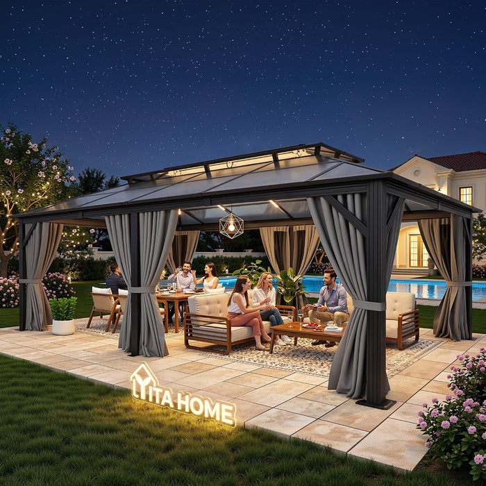 12X20Ft Gazebo Polycarbonate Hardtop Double Roof Canopy Outdoor with Netting and Shaded Curtains, Metal Frame Garden Tent for Patio, Backyard, Deck and Lawns, Grey