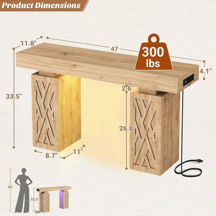 47.2" Extra Thick Entryway Table with Hollow Carved Storage Legs, 300+ Lbs Load Console Table with Reversible Outlets & RGB Light, Space-Saving Wood Sofa Table for Hallway Foyer, Natural Oak