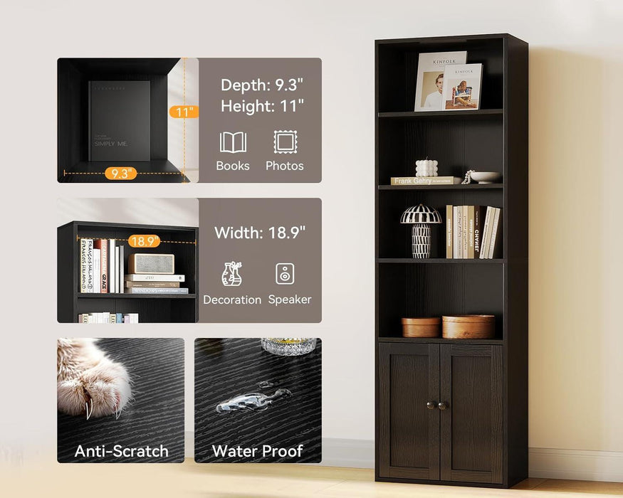 Bookshelf and Bookcase with Doors, Floor Standing 6-Tier Shelf Display Storage Shelves, Tall Bookcases for Home Office, Living Room, Black