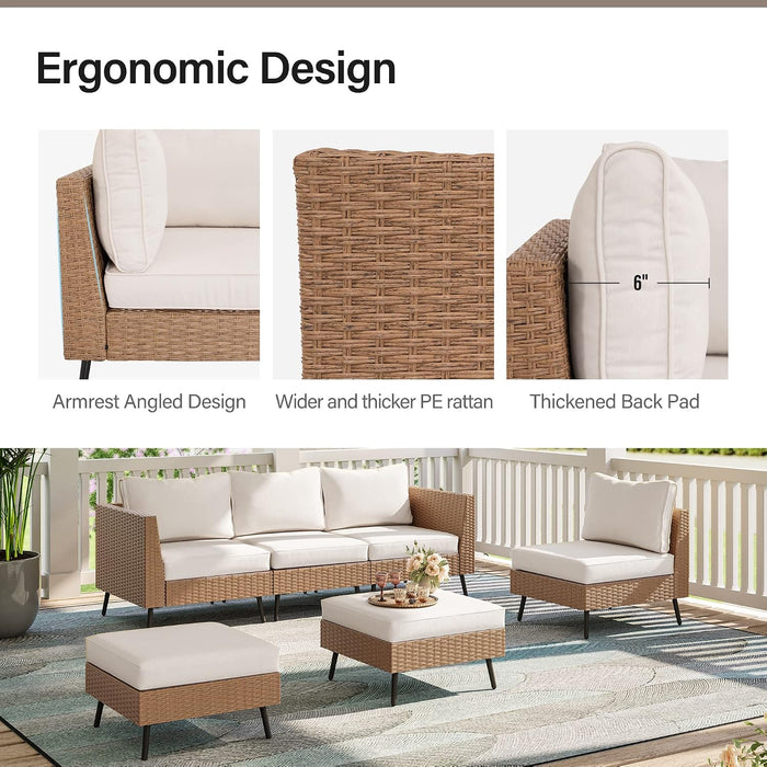 Outdoor Patio Furniture, 6 Piece Outdoor Sectional Sofa PE Rattan Wicker Patio Conversation Sets, All Weather Patio Furniture Set with Thick Cushions for Garden, Backyard(Beige)