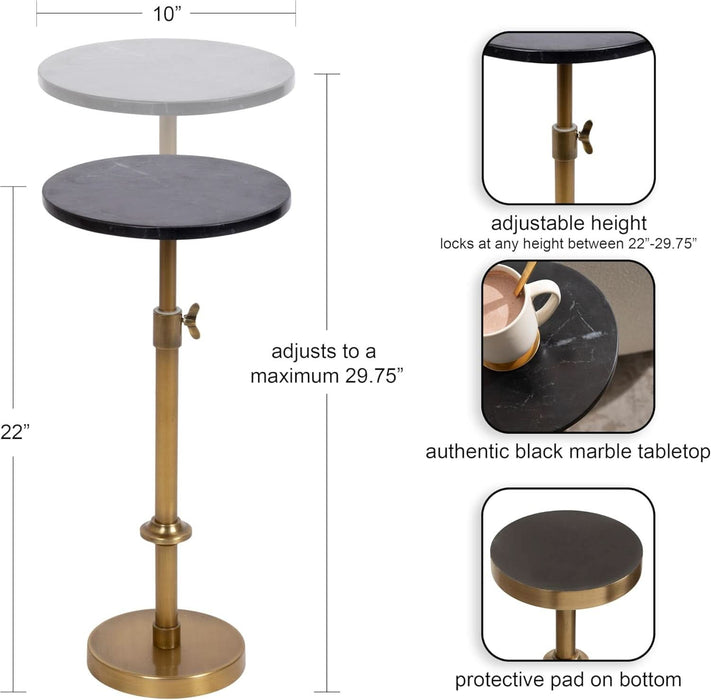 Engles Traditional Adjustable-Height Pedestal Drink Table, 10 X 10 X 30, Black Marble and Antique Brass, Vintage round Indoor Metal Plant Stand with Authentic Marble Tabletop