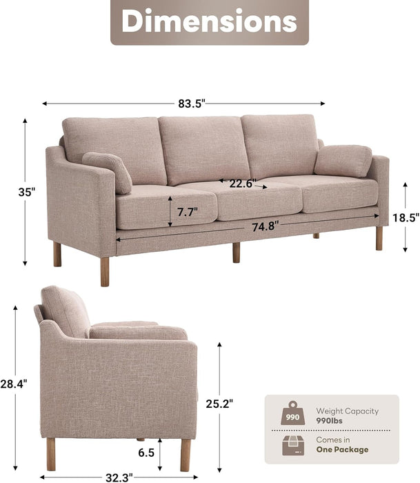 Khaki Linen Sofa 83.5 Inch UltraDeep Cushioning