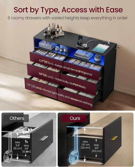 Dresser for Bedroom, with LED Lights and Power Strip, 6 Drawers