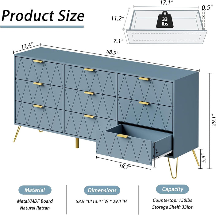 9 Drawer Dresser, Storage Dresser with Wide Drawers and Metal Handles,Wood Storage Chest of Drawers for Living Room,Bedroom,Entryway,Hallway (Blue)