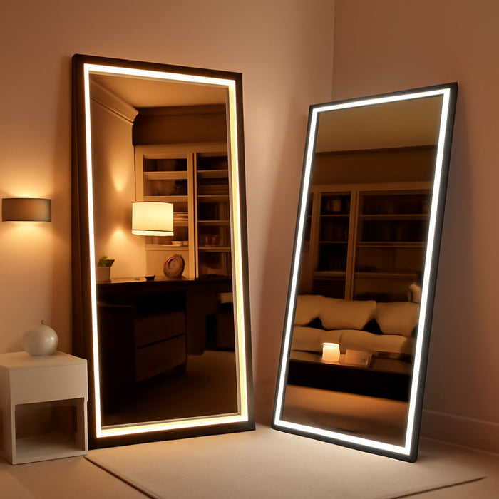 Full Length Mirror with Lights, 71" X 32" LED Lighted Floor Standing, Full Body Dressing Hanging Mounted Mirror, Dimmable, Tempered Glass, Safe to Use, Square White