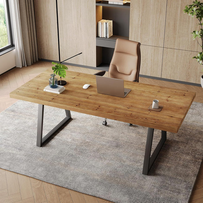 63" Industrial Executive Desk, Solid Wood Computer Laptop Desk with Strong Metal Legs, Study Writing Table Business Workstation for Home Office, Small Conference Table