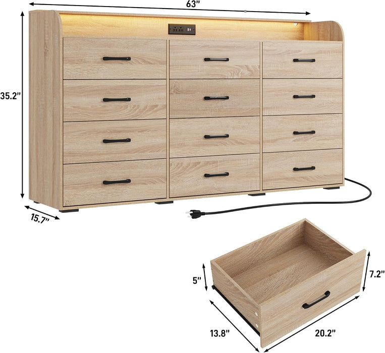 12 Drawers Dresser for Bedroom, 63" Wood Dresser with Power Outlet, LED Lights and Deep Drawers, Wide Chest of Drawers, Modern Minimalist Closet Dressers for Kids Bedroom, Living Room, Nursery, Oak