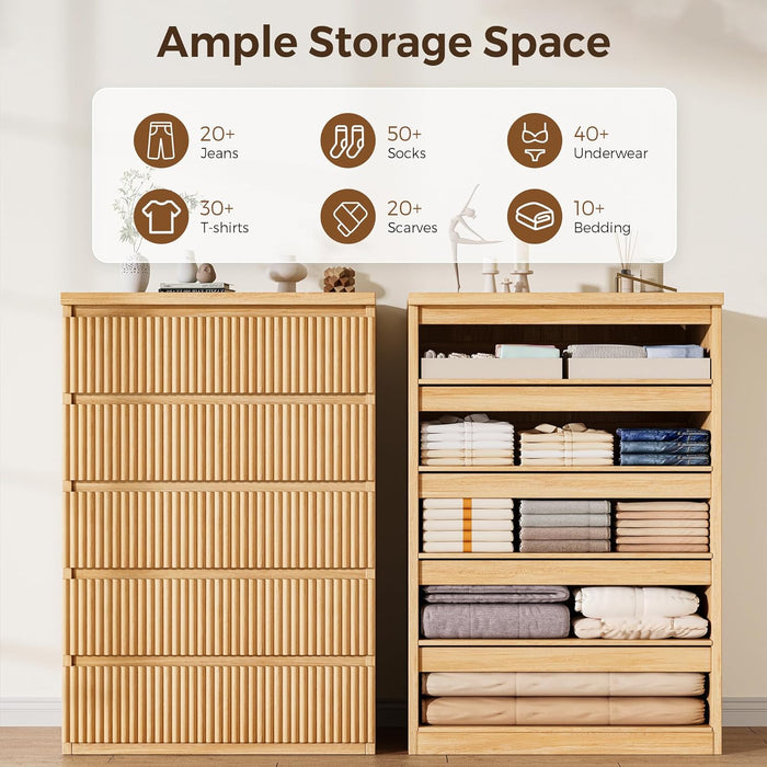 Fluted 5 Drawer Dresser for Bedroom, 43" Tall Dresser for Bedroom, Modern Fluted Chest of Drawers, Handle-Free/Floor-Mounted Wood Drawer Dresser for Living Room, Bedroom, Entryway, Hallway (Oak)