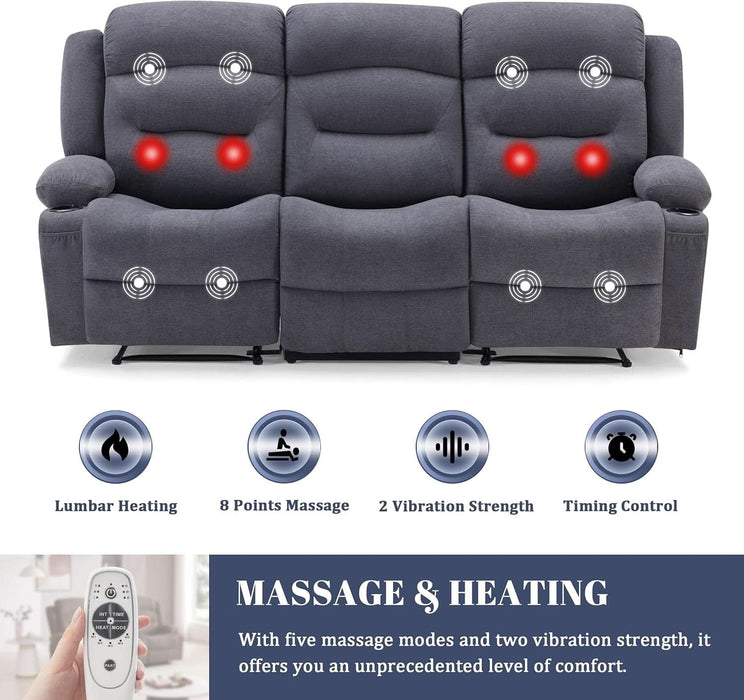 Oversized Recliner Sofa with Heat and Massage, Big Large 3-Seater RV Recliner Couch Sofa for Living Room, Wall-Hugger Reclining Sofa with Cup Holders and USB Port(Fabric, Grey)