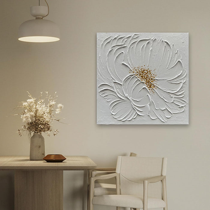 Art 24X24 Inches Hand-Painted White Textured Flower Oil Painting. Modern Abstract Art. Suitable for Decoration on Walls of Living Room, Bedroom or Office