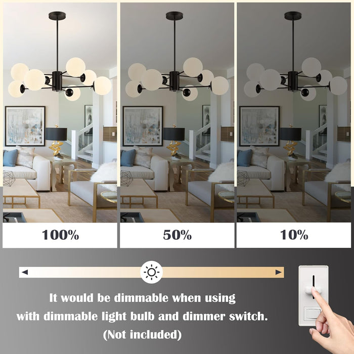 8-Light Globe Sputnik Chandelier Black Mid Century Modern Light Fixture Matte Black Finished with White Frosted Globe Glass Lampshade Sputnik Chandeliers for Dining Room Bedroom Kitchen Island