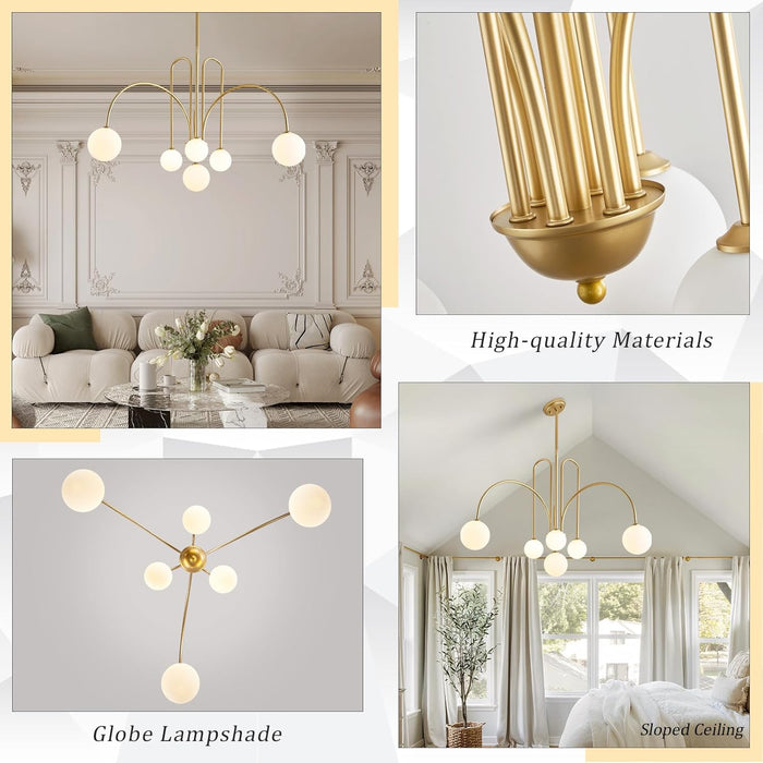 Gold Sputnik Chandelier,6 Lights Large Modern Chandelier L40”Mid Century Long Ceiling Pendant Light Fixtures for Dining Room with Milk Glass Globe Shades for High Ceiling Foyer Living Room