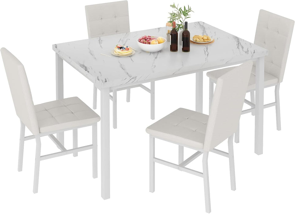 Snow White MarblePatterned Dining Table Set FivePiece