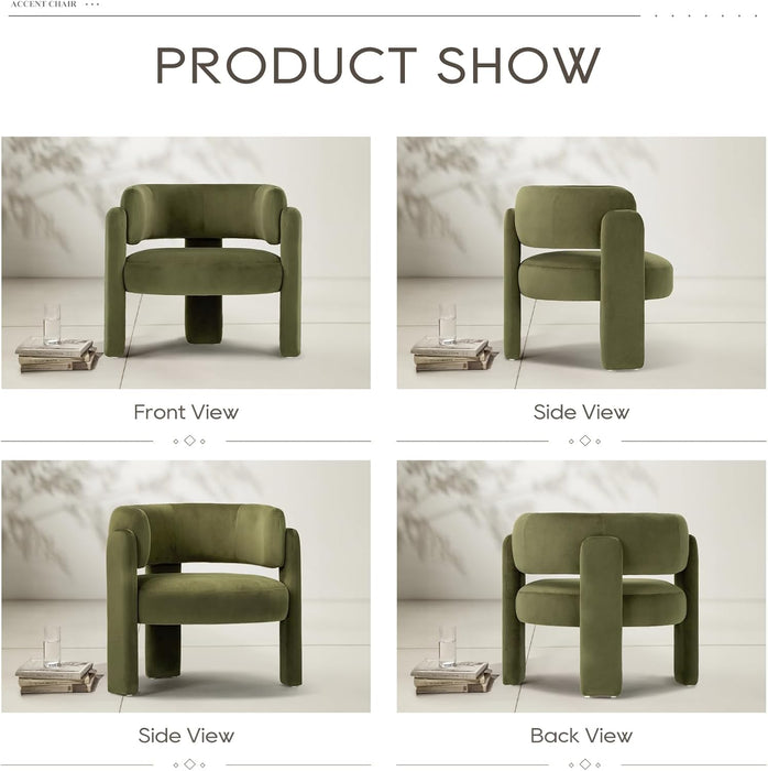 Modern Velvet Accent Chair Set of 2, Upholstered Barrel Chairs, Comfy Side Arm Chairs with 3 Legs for Living Room, Bedroom, Reading, Green