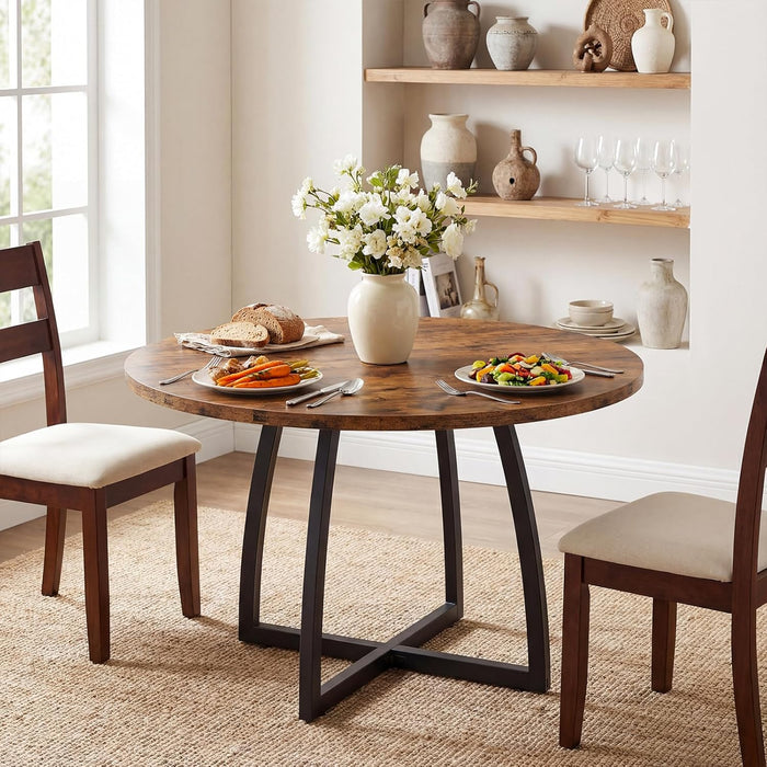 47.2-Inch round Dining Table for 4, Kitchen Dining Room Circle Dinner Pedestal Table, Farmhouse Kitchen Table with Retro Brown Tabletop, Curved Black Metal Legs, Easy Assembly TCZ13BFC1