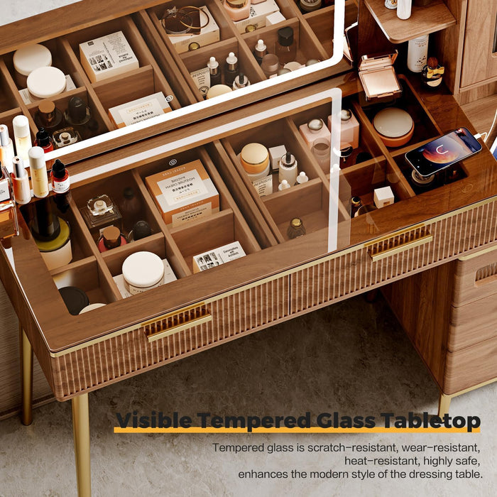 Vanity Desk with 29.53" HD Lighted Mirror, 47.24" Big Modern Vanity Desk with Mirror and Lights, Makeup Vanity with 5 Drawers and Storage Shelves and Charging Station,Brown