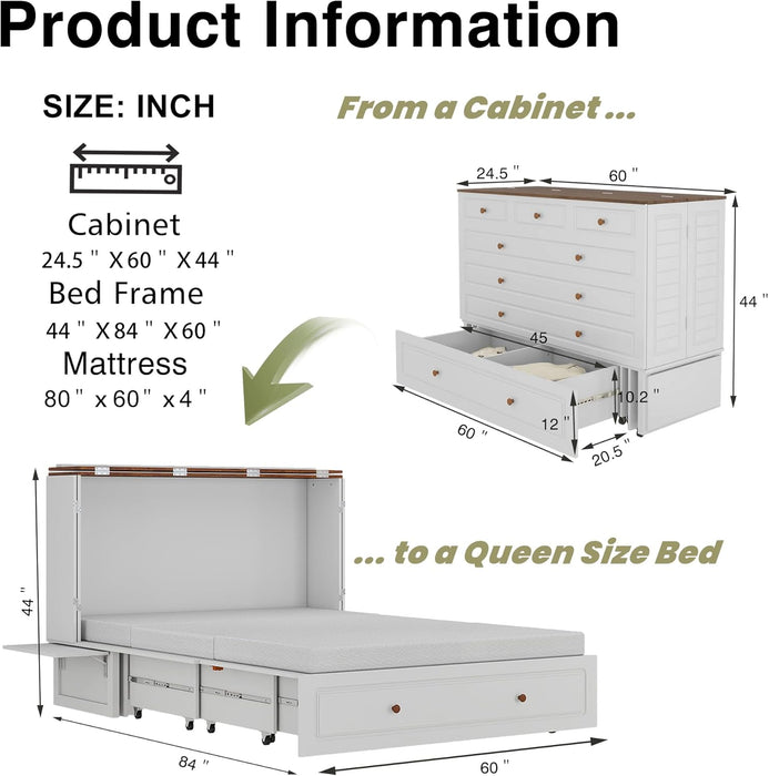 Queen Murphy Bed Included Mattress：Wood Murphy Bed Cabinet with USB Charging Station and Large Storage Drawer for Bedrooms/Guest Rooms/Apartments, White-1