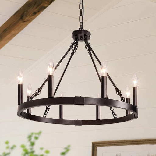 8 Light Wagon Wheel Chandelier, 23.6" Oil-Rubbed Bronze Dining Room Light Fixture with Adjustable Height, Industrial Hanging Lights for Living Room Bedroom Foyer Entryway,E12 Base